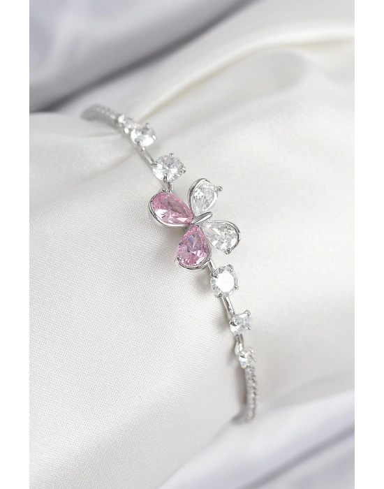 Pirinç Zirkon Taşlı Kelebek Model Gümüş Renk Kadın Bileklik