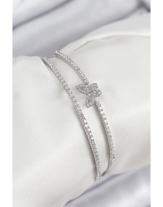 Pirinç Zirkon Taşlı Kelebek Model Gümüş Renk Kadın Bileklik