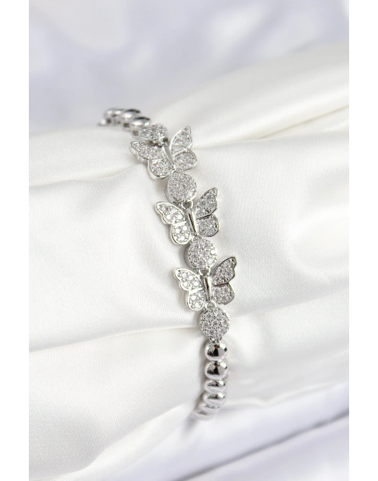 Pirinç Zirkon Taşlı Kelebek Model Gümüş Renk Kadın Bileklik