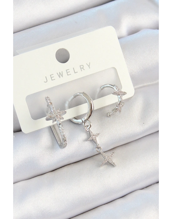 Pirinç Zirkon Taşlı Kelebek Ve Sallantılı Yıldız Model Gümüş Renk 3lü Çift Kadın Küpe Set