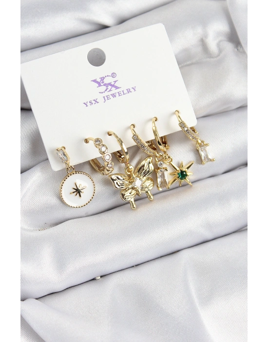 Pirinç Zİrkon Taşlı Kelebek ve Yıldız Model Gold Renk 3lü Çift Kadın Küpe