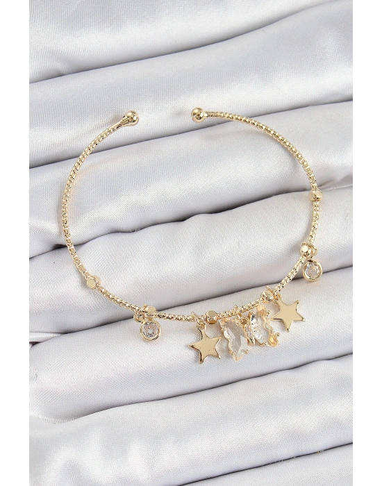 Pirinç Zirkon Taşlı Kelebek Ve Yıldız Model Gold Renk Charm Bileklik