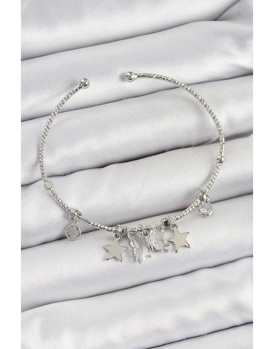 Pirinç Zirkon Taşlı Kelebek Ve Yıldız Model Gümüş Renk Charm Bileklik