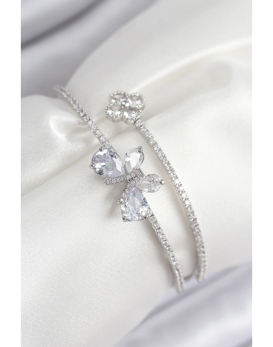 Pirinç Zirkon Taşlı Kelebek Ve Yonca Model Gümüş Renk Kadın Bileklik