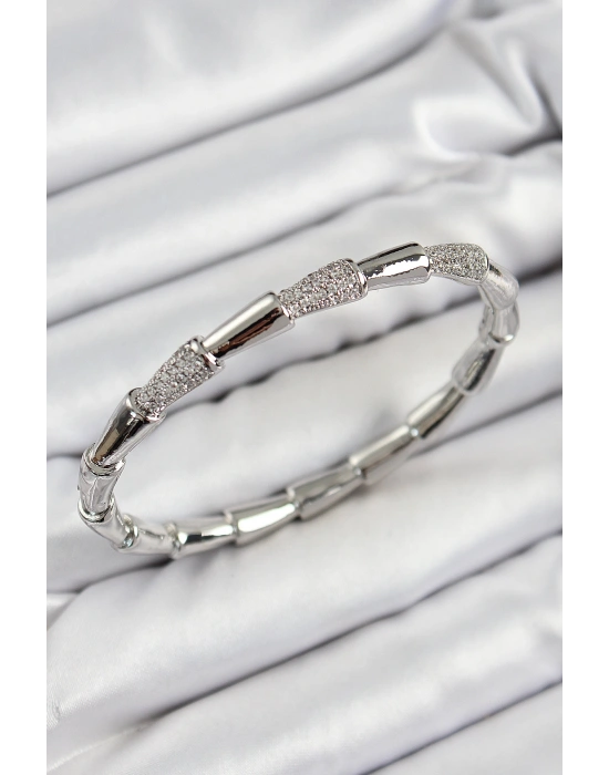 Pirinç Zirkon Taşlı Kemik Model Gümüş Renk Vip Kadın Bileklik