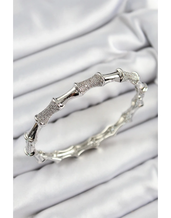 Pirinç Zirkon Taşlı Kemik Model Gümüş Renk Vip Kadın Bileklik