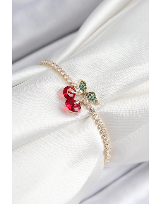 Pirinç Zirkon Taşlı Kiraz Model Gold Renk Asansörlü Kadın Bileklik