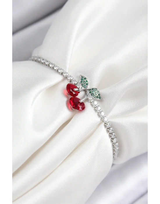 Pirinç Zirkon Taşlı Kiraz Model Gümüş Renk Asansörlü Kadın Bileklik