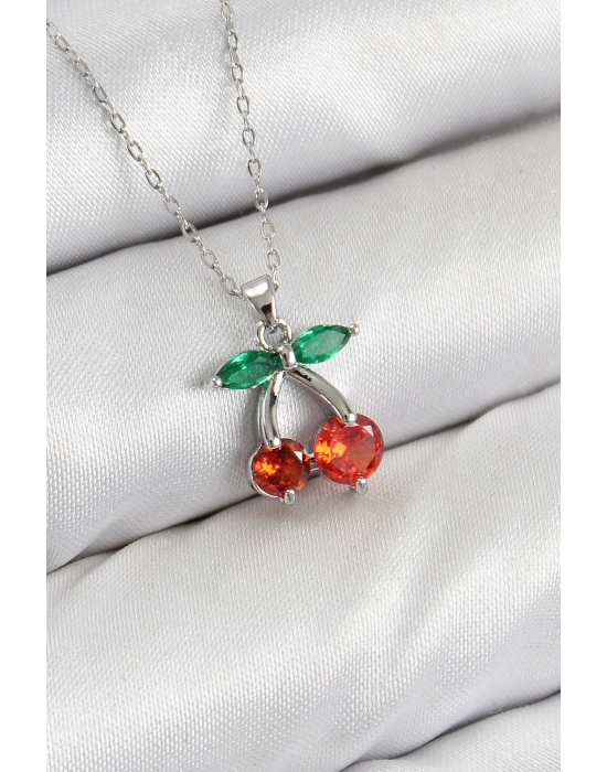 Pirinç Zirkon Taşlı Kiraz Model Gümüş Renk Kadın Kolye