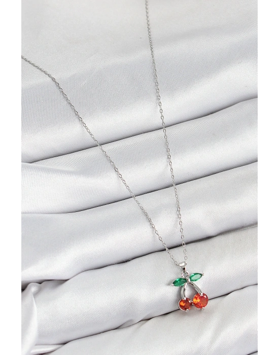 Pirinç Zirkon Taşlı Kiraz Model Gümüş Renk Kadın Kolye