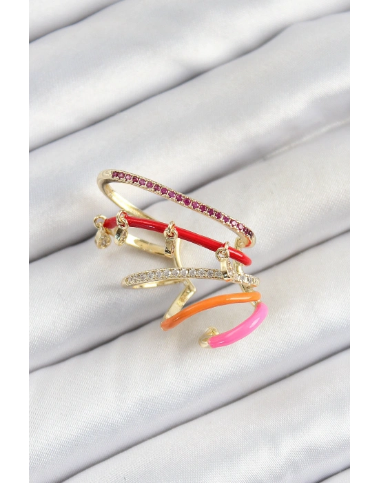 Pirinç Zirkon Taşlı Kırmızı Turuncu Pembe Sıkıştırma Sağ Kıkırdak Gold Renk Kadın Küpe