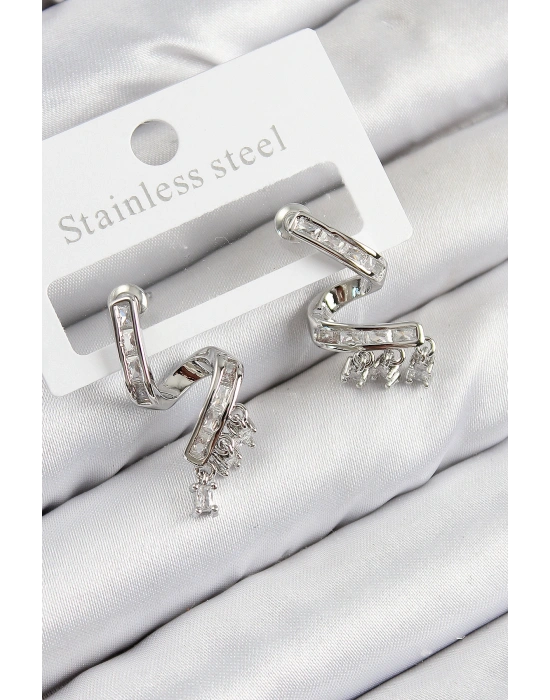 Pirinç Zirkon Taşlı Kıvrımlı Model Gümüş Renk Kadın Küpe