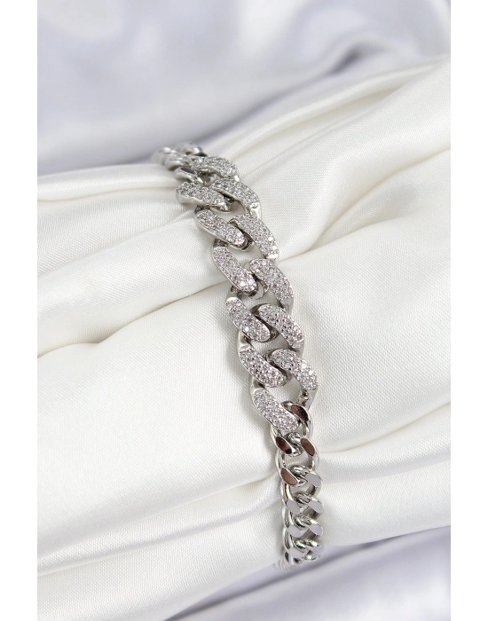 Pirinç Zirkon Taşlı Küba Zincir Model Gümüş Renk Kadın Bileklik