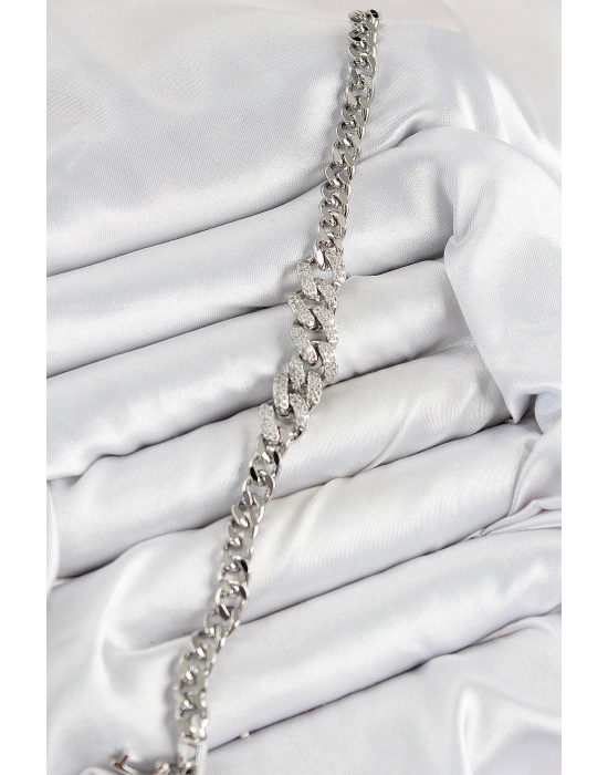 Pirinç Zirkon Taşlı Küba Zincir Model Gümüş Renk Kadın Bileklik