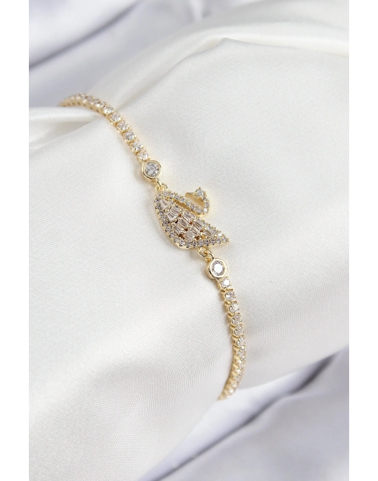 Pirinç Zirkon Taşlı Kuğu Model Gold Renk Kadın Bileklik