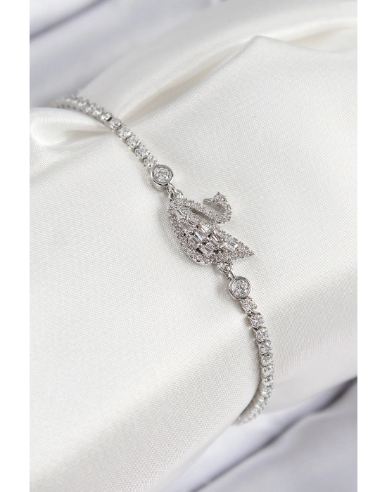 Pirinç Zirkon Taşlı Kuğu Model Gümüş Renk Kadın Bileklik