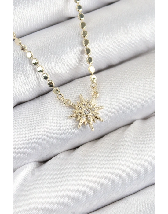 Pirinç Zirkon Taşlı Kutup Yıldızı Model Ezme Zincir Gold Renk Kadın Kolye