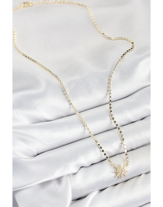 Pirinç Zirkon Taşlı Kutup Yıldızı Model Ezme Zincir Gold Renk Kadın Kolye