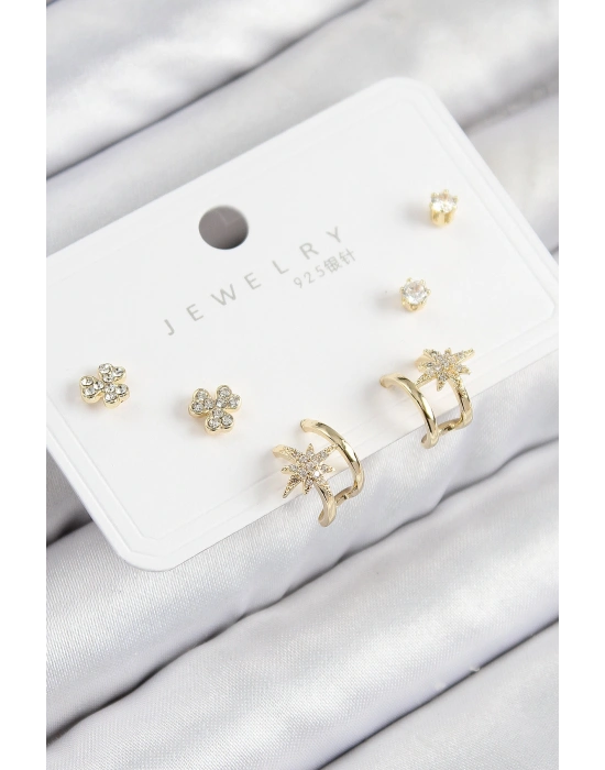 Pirinç Zirkon Taşlı Kutup Yıldızı Model Gold Renk 925 Ayar Gümüş Çivi Kadın Küpe Set