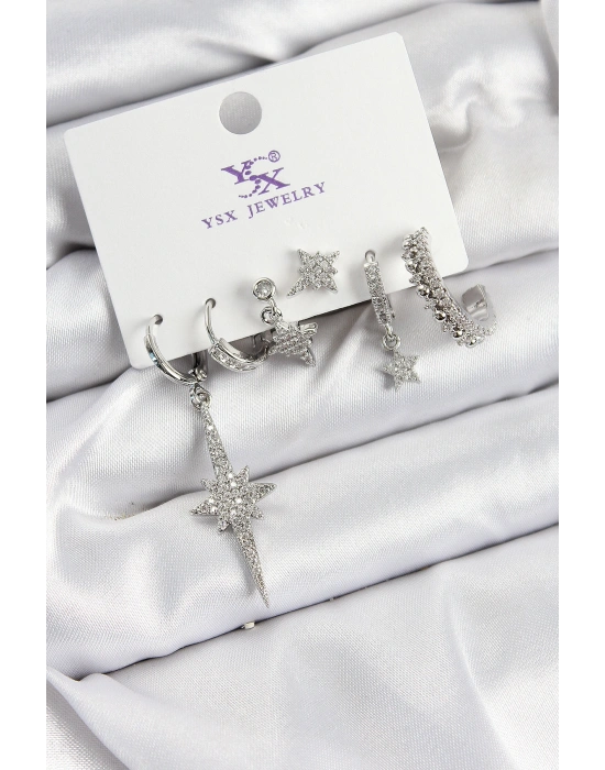 Pirinç Zİrkon Taşlı Kutup Yıldızı Model Gümüş Renk 3lü Çift Kadın Küpe