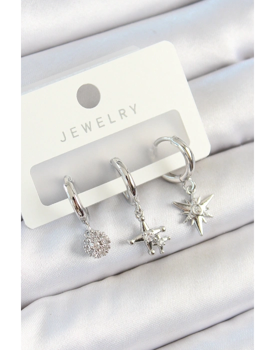 Pirinç Zirkon Taşlı Kutup Yıldızı Model Gümüş Renk 3lü Çift Kadın Küpe Set