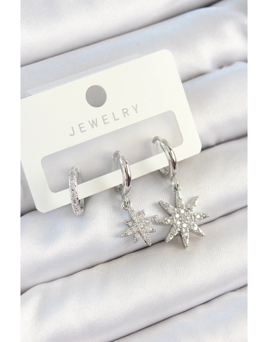 Pirinç Zirkon Taşlı Kutup Yıldızı Model Gümüş Renk 3lü Çift Kadın Küpe Set