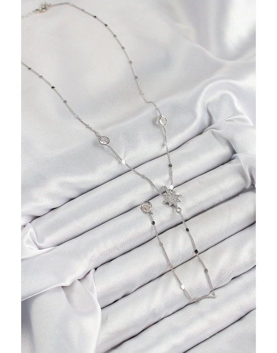 Pirinç Zirkon Taşlı Kutup Yıldızı Model Gümüş Renk Y Kolye