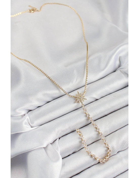 Pirinç Zirkon Taşlı Kutup Yıldızı Model Gümüş Renk Y Kolye