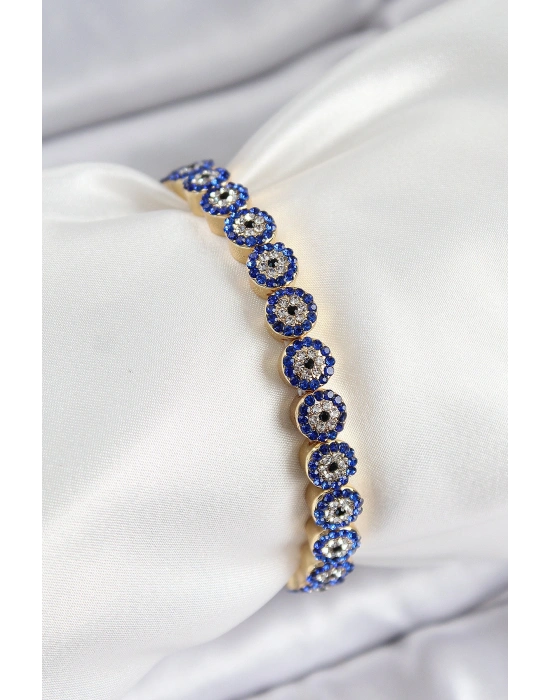 Pirinç Zirkon Taşlı Lacivert Nazar Model Gold Renk Lastikli Kadın Bileklik