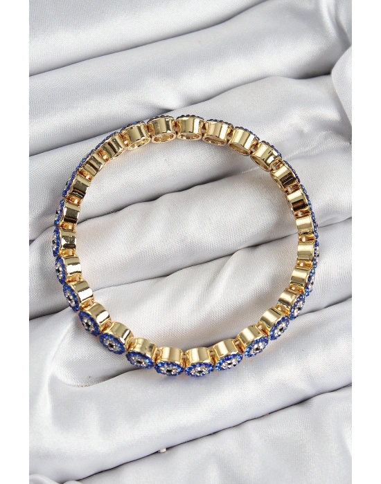 Pirinç Zirkon Taşlı Lacivert Nazar Model Gold Renk Lastikli Kadın Bileklik