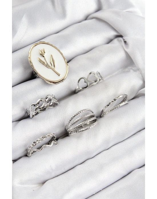 Pirinç Zirkon Taşlı Lale Model Gümüş Renk Kadın Yüzük Kombin Set