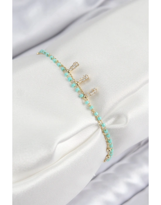 Pirinç Zirkon Taşlı Mavi Boncuklu Model Gold Renk Kadın Bileklik