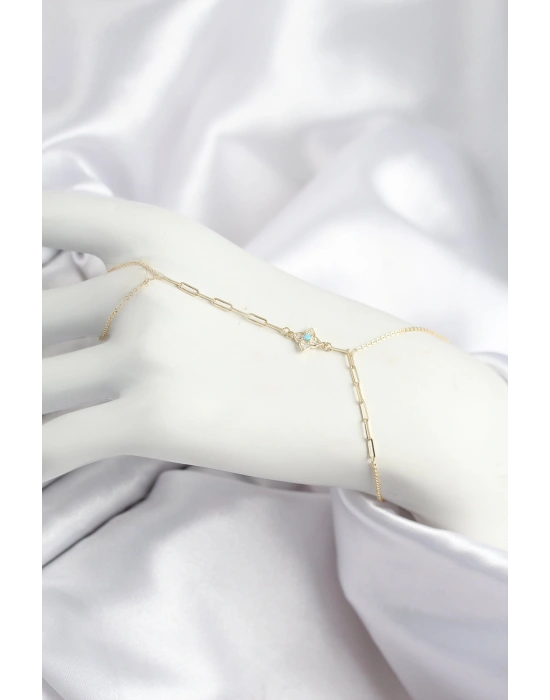 Pirinç Zirkon Taşlı Mavi Boncuklu Yonca Model Gold Renk Şahmeran