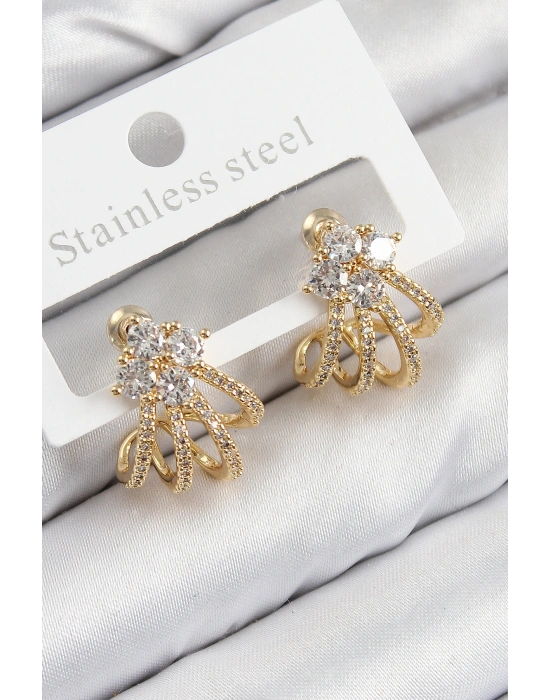 Pirinç Zirkon Taşlı Model Gold Renk Kadın Küpe