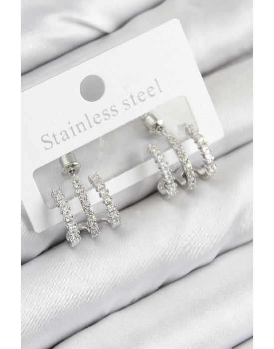 Pirinç Zirkon Taşlı Model Gümüş Renk Kadın Küpe