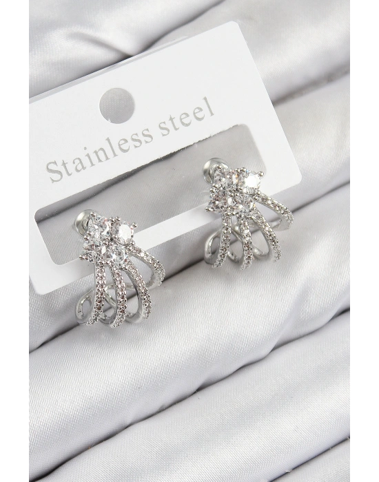 Pirinç Zirkon Taşlı Model Gümüş Renk Kadın Küpe