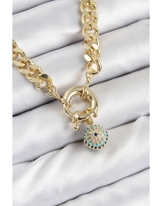 Pirinç Zirkon Taşlı Nazar Boncuk Detaylı Klasik Zincir Model Gold Renk Kadın Kolye