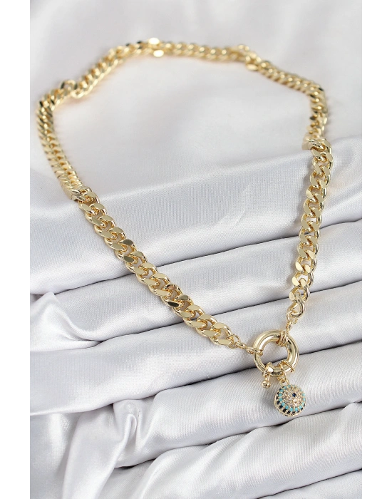 Pirinç Zirkon Taşlı Nazar Boncuk Detaylı Klasik Zincir Model Gold Renk Kadın Kolye