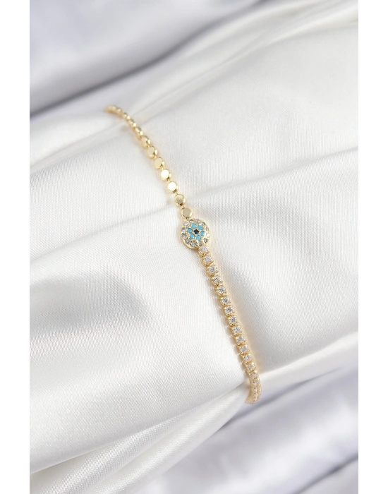 Pirinç Zirkon Taşlı Nazar Model Ezme Zincir Gold Renk Kadın Bileklik