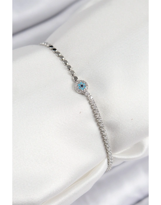 Pirinç Zirkon Taşlı Nazar Model Ezme Zincir Gümüş Renk Kadın Bileklik