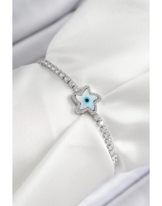 Pirinç Zirkon Taşlı Nazar Yıldız Model Gümüş Renk Asansörlü Kadın Bileklik