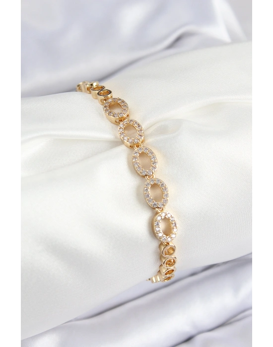 Pirinç Zirkon Taşlı Oval Model Gold Renk Kadın Bileklik