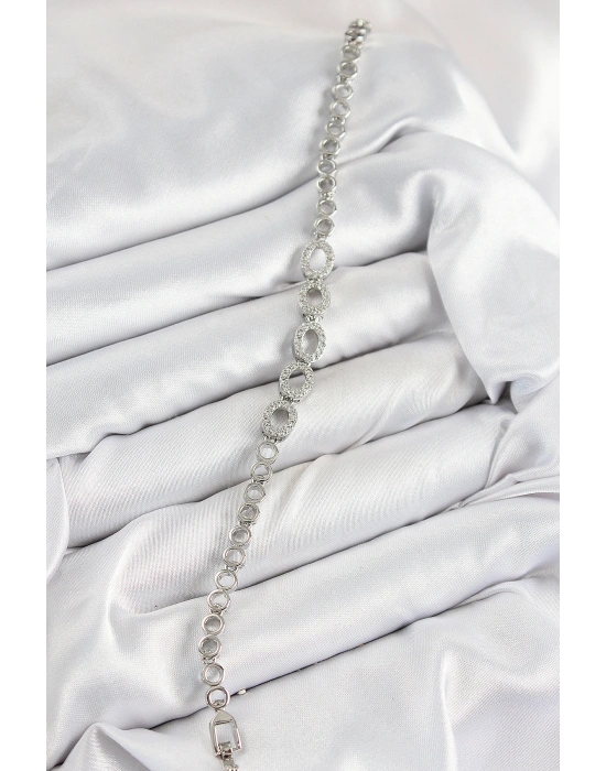 Pirinç Zirkon Taşlı Oval Model Gümüş Renk Kadın Bileklik