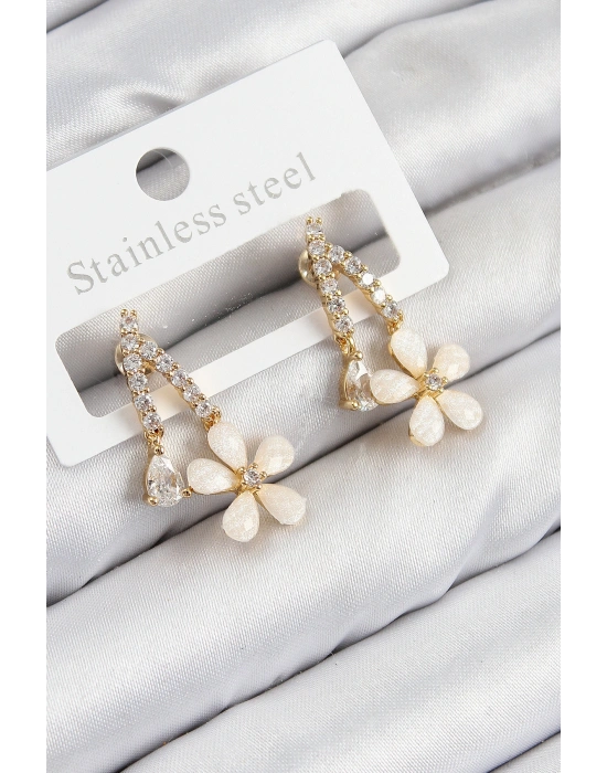 Pirinç Zirkon Taşlı Papatya Model Gold Renk Kadın Küpe