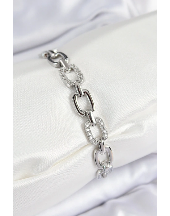 Pirinç Zirkon Taşlı Parçalı Zincir Model Gümüş Renk Kadın Bileklik