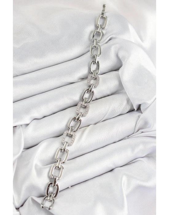 Pirinç Zirkon Taşlı Parçalı Zincir Model Gümüş Renk Kadın Bileklik