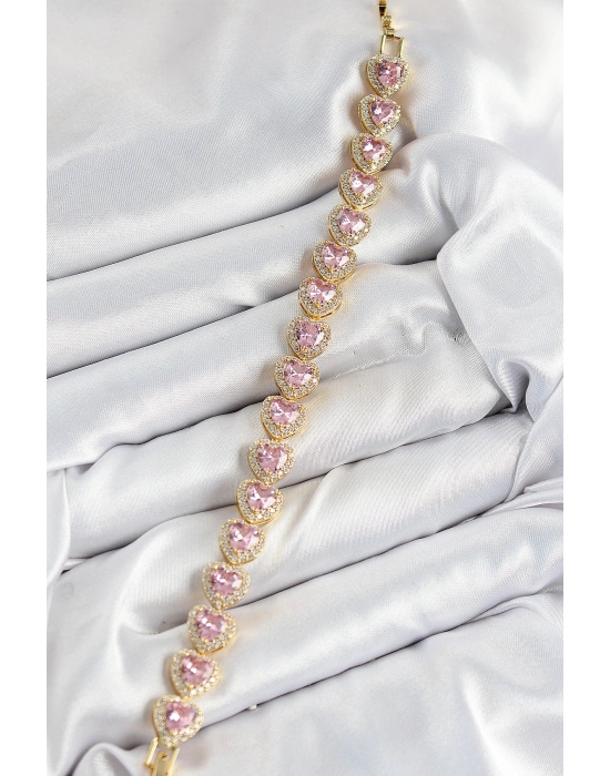 Pirinç Zirkon Taşlı Pembe Kalp Baget Model Gold Renk VIP Seri Kadın Bileklik