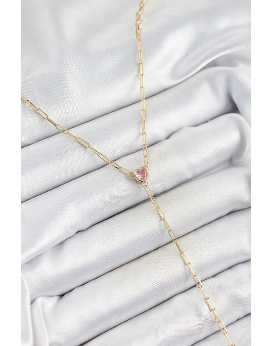 Pirinç Zirkon Taşlı Pembe Kalp Figürlü Y Model Gold Renk Kadın Kolye