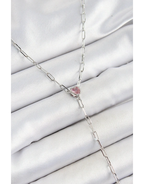 Pirinç Zirkon Taşlı Pembe Kalp Figürlü Y Model Gümüş Renk Kadın Kolye