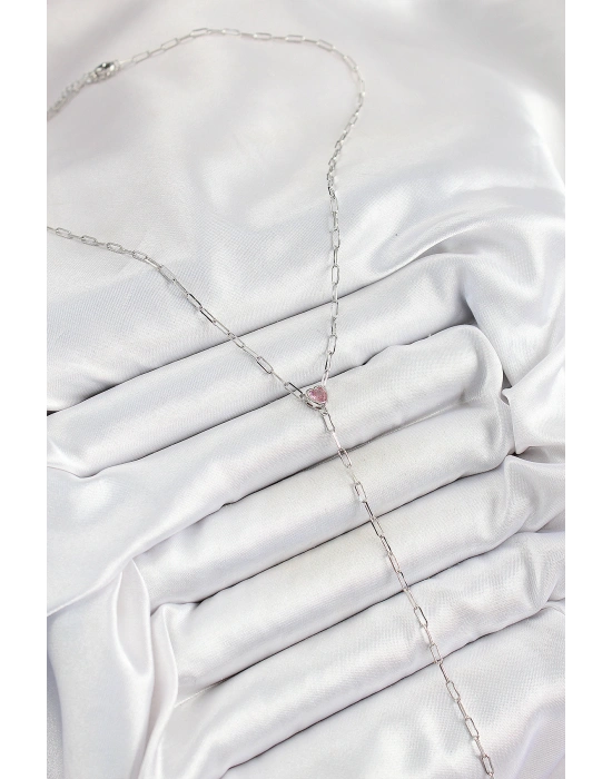 Pirinç Zirkon Taşlı Pembe Kalp Figürlü Y Model Gümüş Renk Kadın Kolye